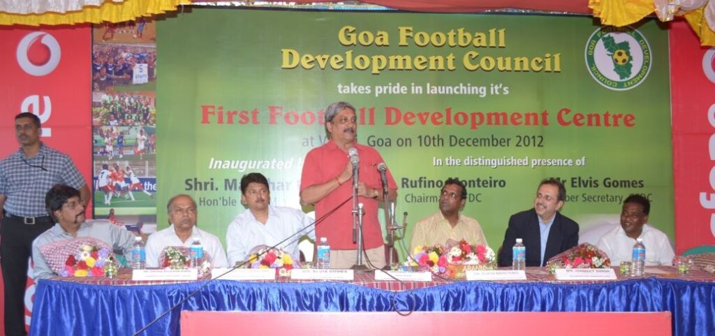 Honourable Chief Minister at the podium inaugurating the first GFDC Football Development Centre at Valpoi on 10 December 2012.